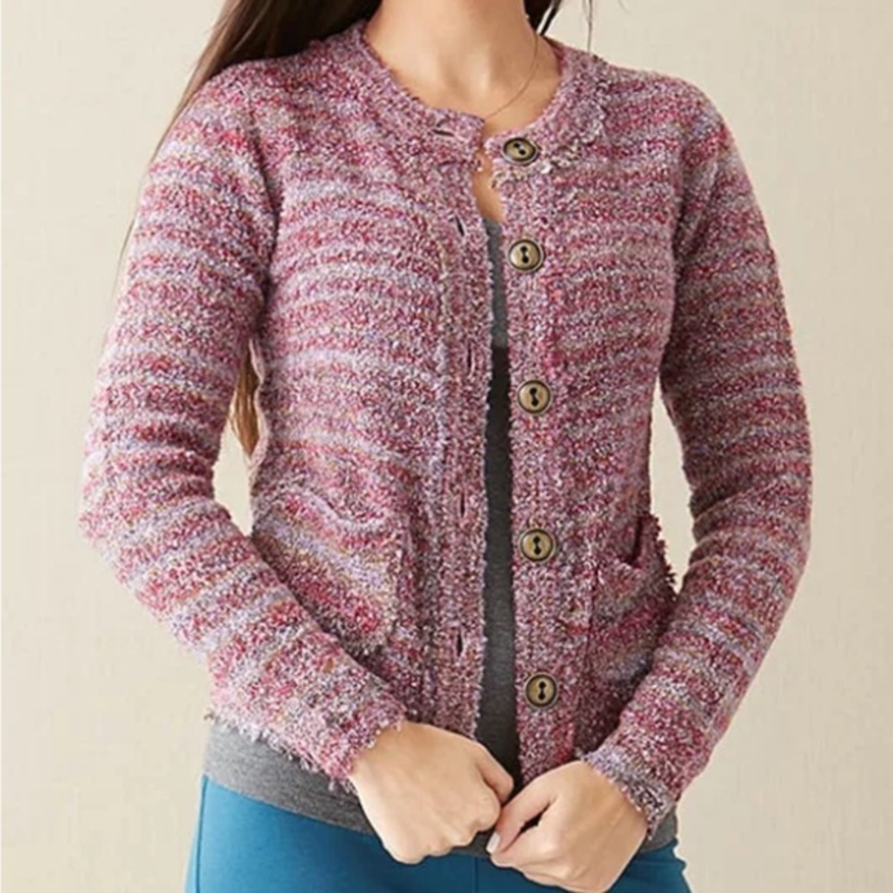 Matilda Jane MOLLY Cardigan XS Boucle Knit Women's Mauve Sweater Striped